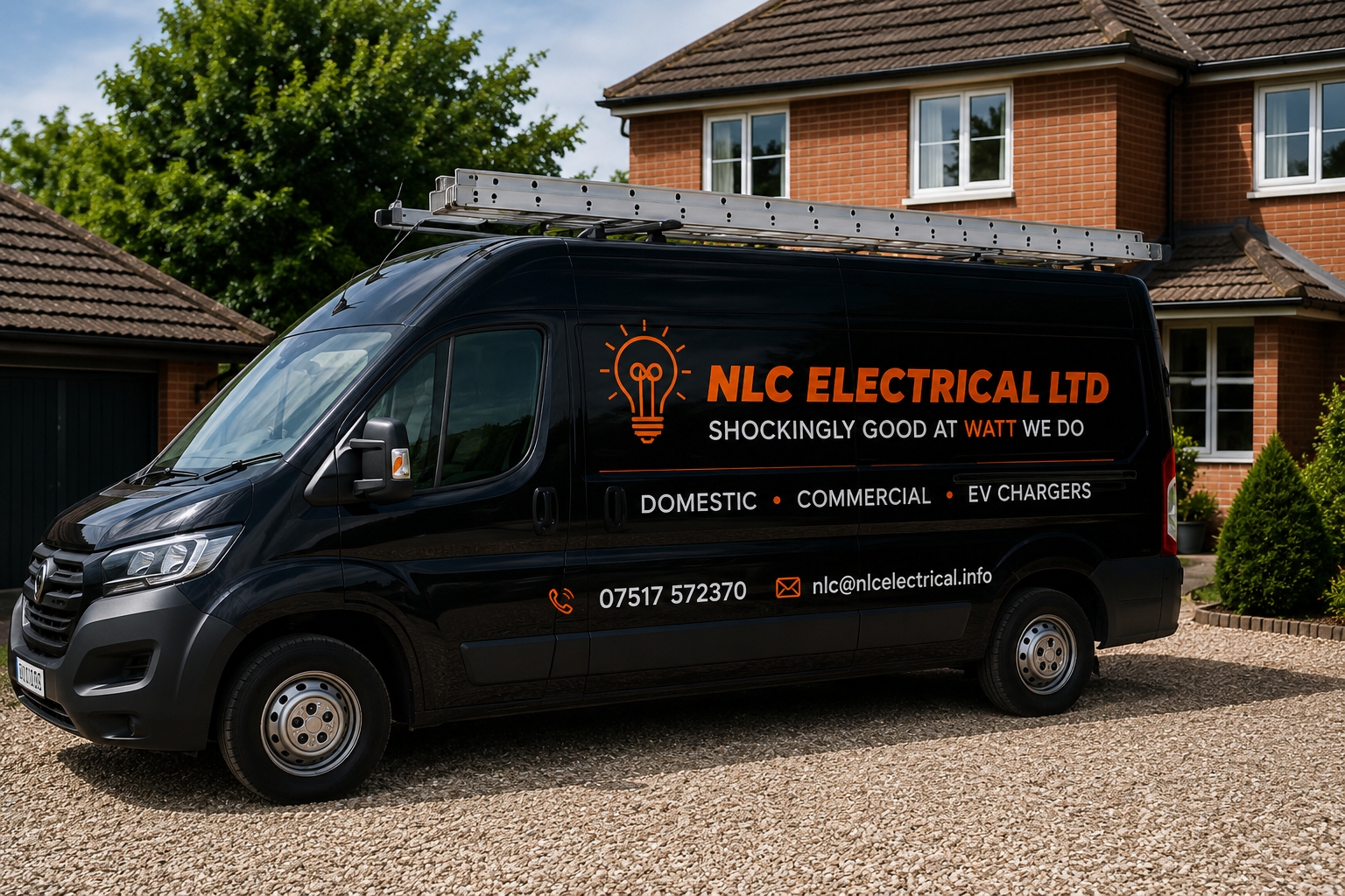 NLC Electrical Ltd branded work van outside a Hampshire home